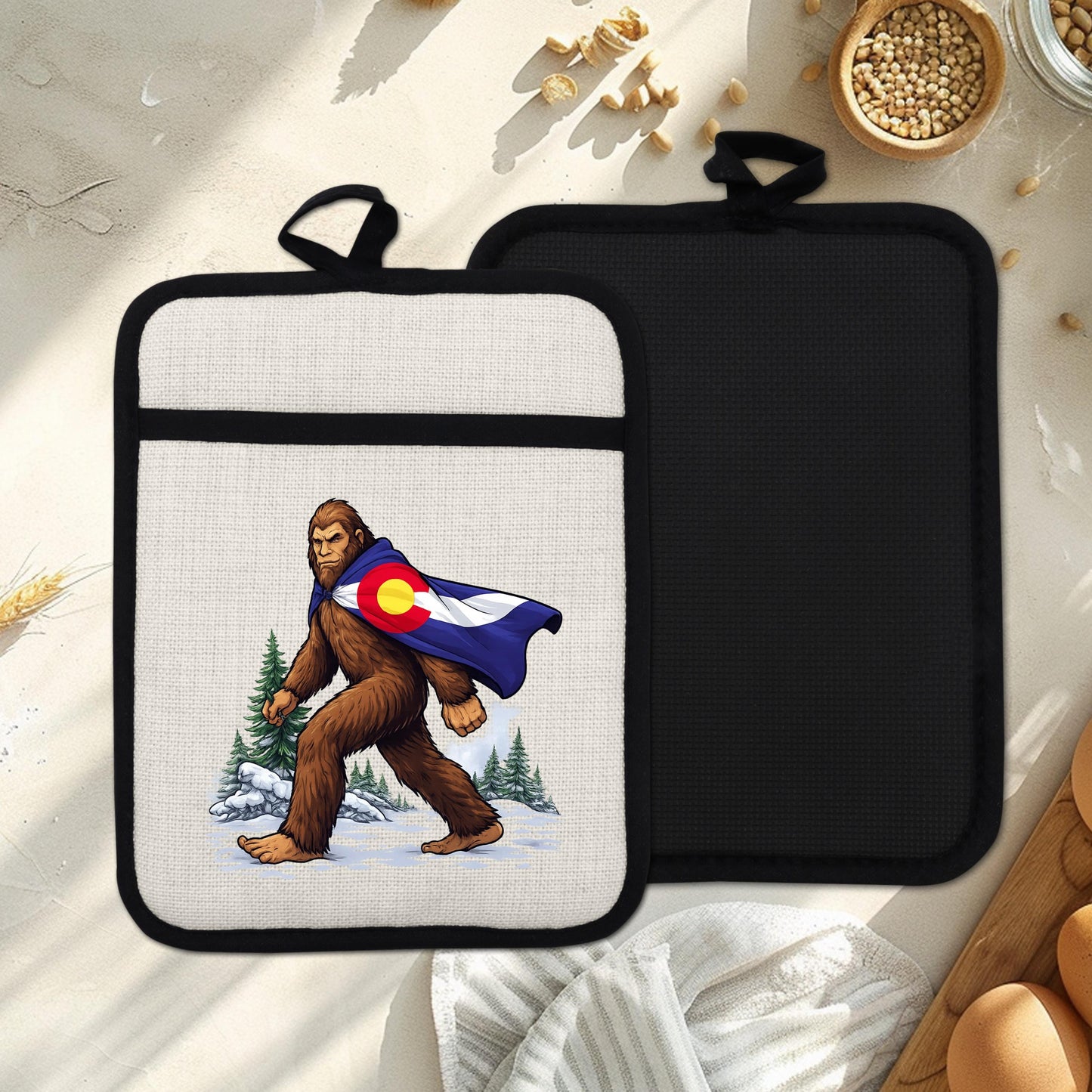 Sasquatch Pot Holder | Colorado Kitchen Decor - Bigfoot Oven Mitt & Heat Resistant Trivet - scale and size reference