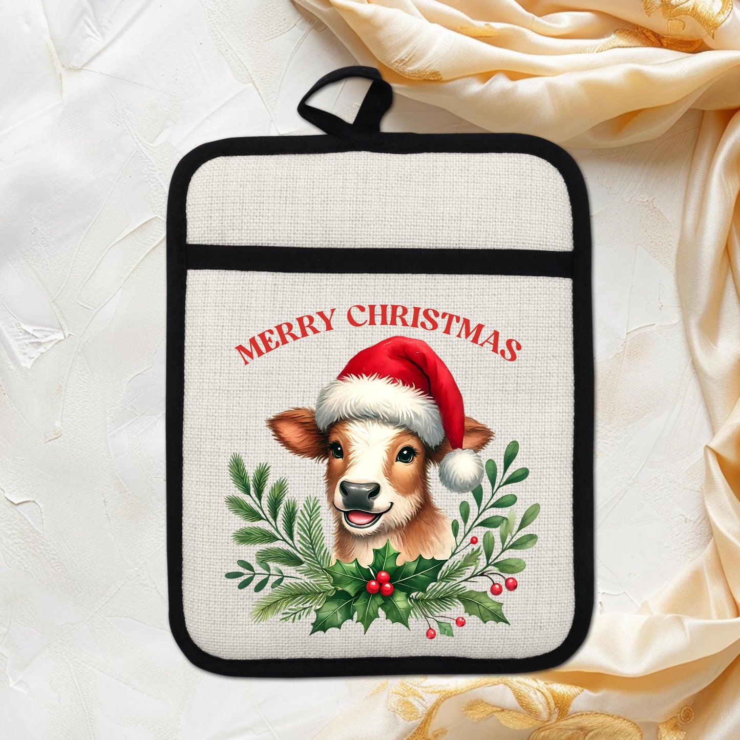 Christmas Cow Pot Holder with Santa Hat  Rustic Brown  White Farmhouse Kitchen Decor