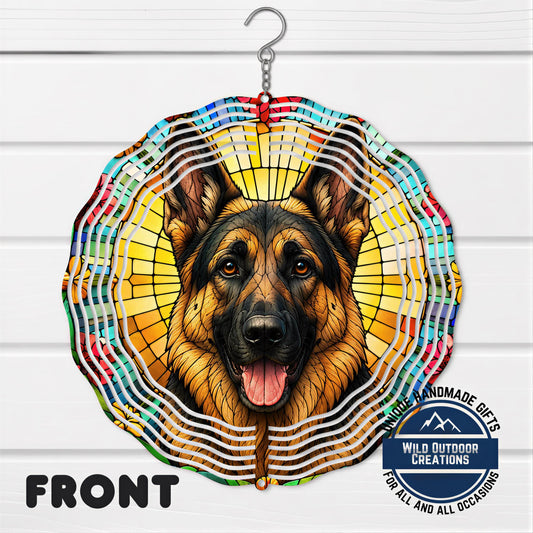 German Shepherd Wind Spinner - 10 Inch Faux Stained Glass Metal Garden Decor
