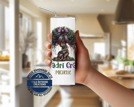 Mardi Gras Skinny Tumbler - Custom Name Glow In Dark Cup | Vacuum Insulated 20oz & 30oz