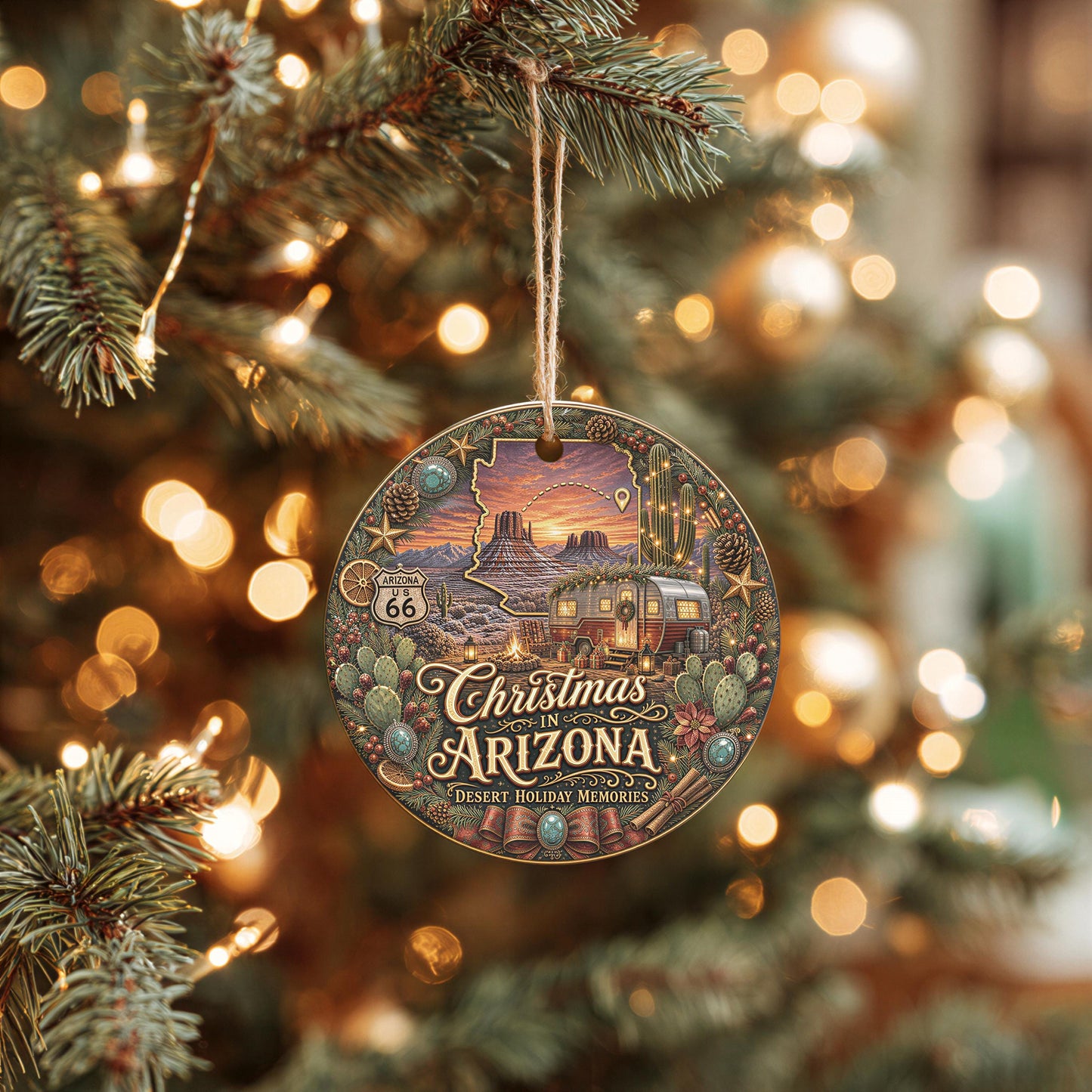 Arizona Christmas Ornament | Ceramic Keepsake | Desert Sunset Camper
