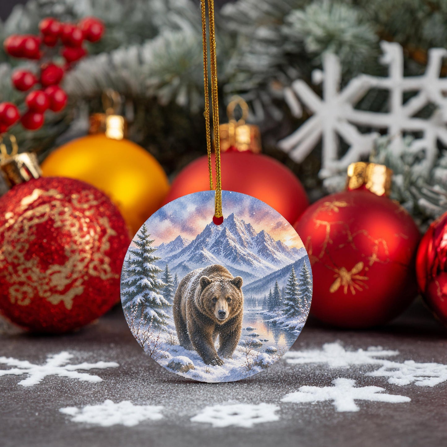Grizzly Bear Ornament | Watercolor Mountains, Ceramic Keepsake