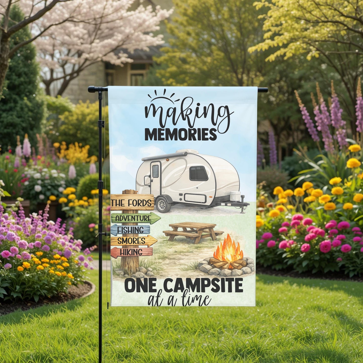 Personalized Garden Flag - Custom Camping Flag 12x18 Teardrop Camper Outdoor Decor - close up detail