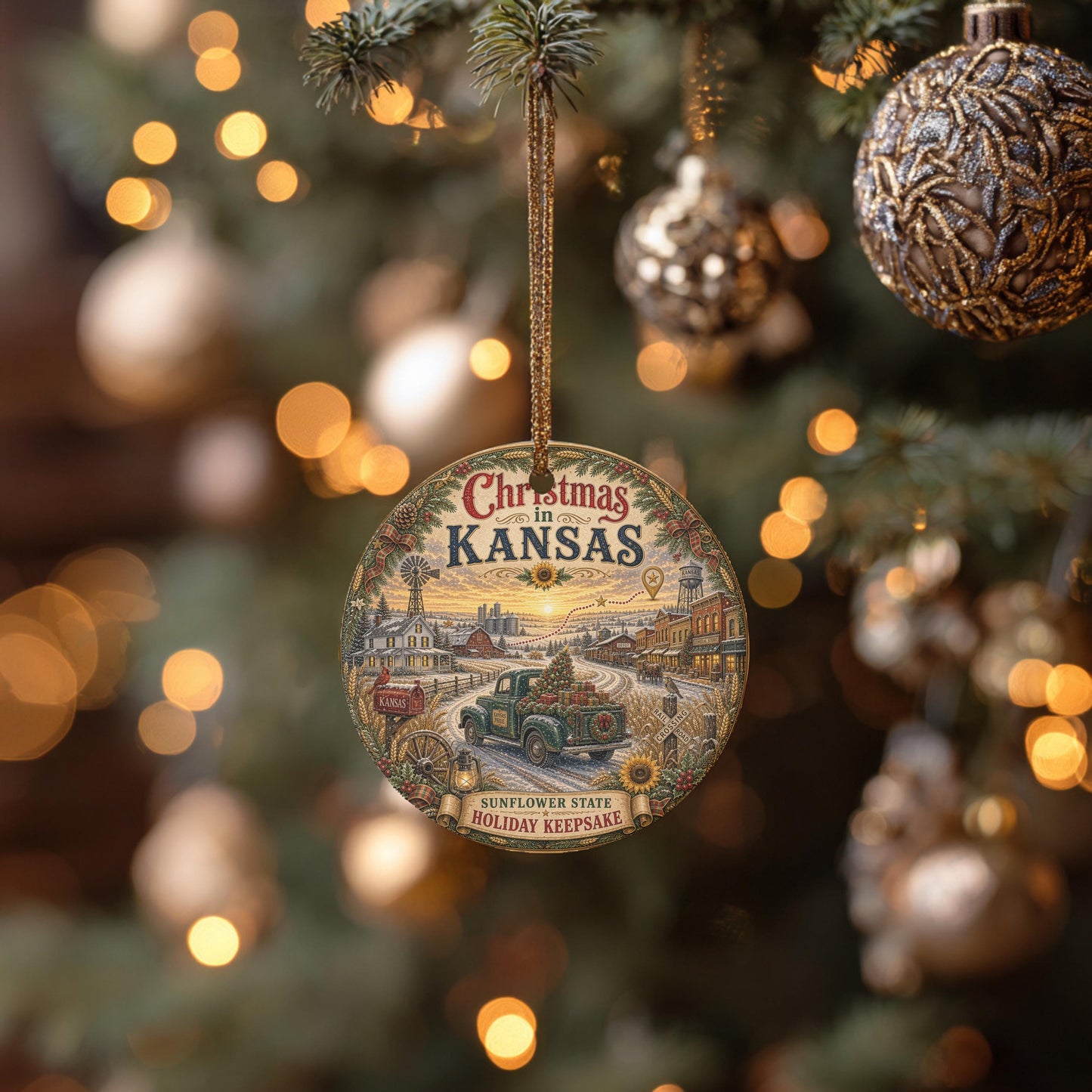 Kansas Christmas Ornament | Vintage Green Truck Ceramic Keepsake, 3 Inch