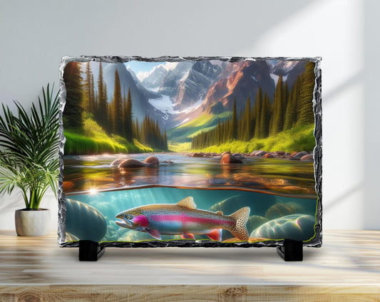 Nature-Inspired Slate Art featuring Rainbow Trout  Rustic Mountain Stream Wall Decor for Outdoor Enthusiasts
