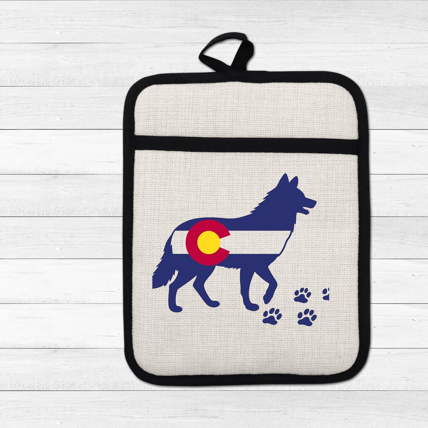 Colorado Wolf Pot Holder - Linen Front, Silicone Trivet, Heat Resistant Pad