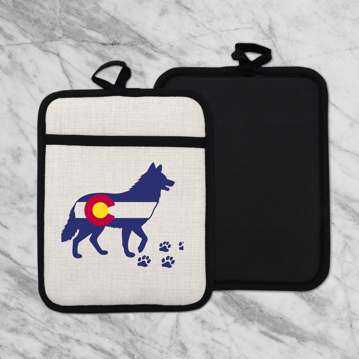 Colorado Wolf Pot Holder - Linen Front, Silicone Trivet, Heat Resistant Pad