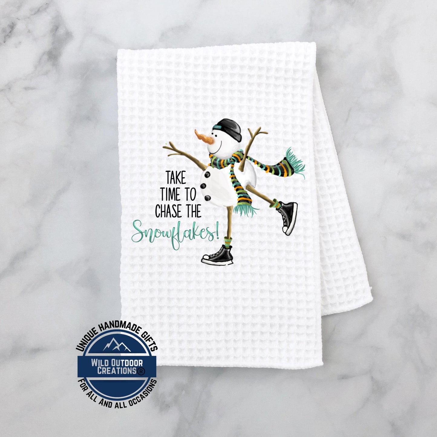 Ice Skating Snowman Kitchen Towel Chase The Snowflakes Winter Waffle Weave Holiday Decor