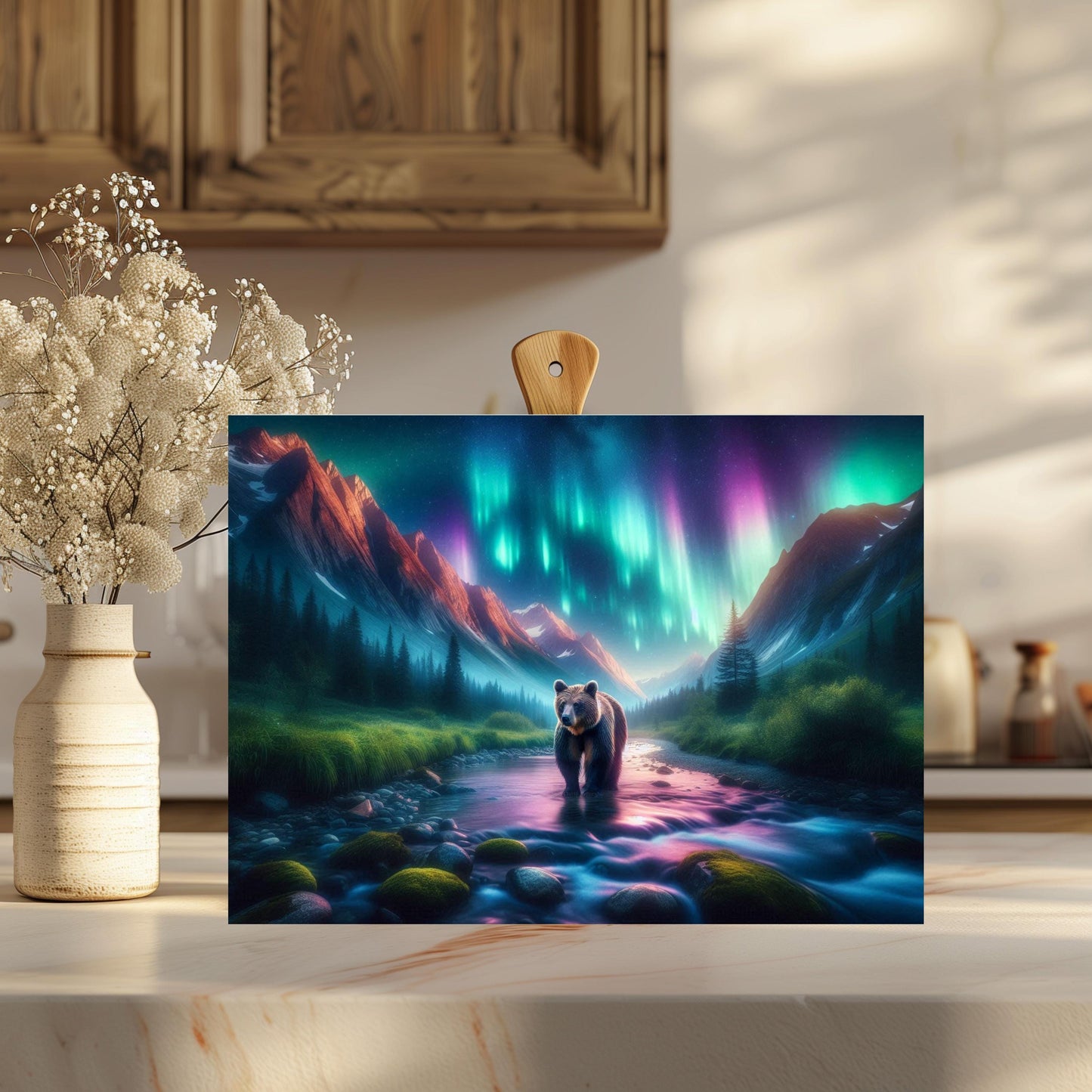 Vibrant Northern Lights Bear River Tempered Glass Cutting Board, Hostess Housewarming Gift, Bear Lover Gift, Kitchen Decor for Mom, New Home