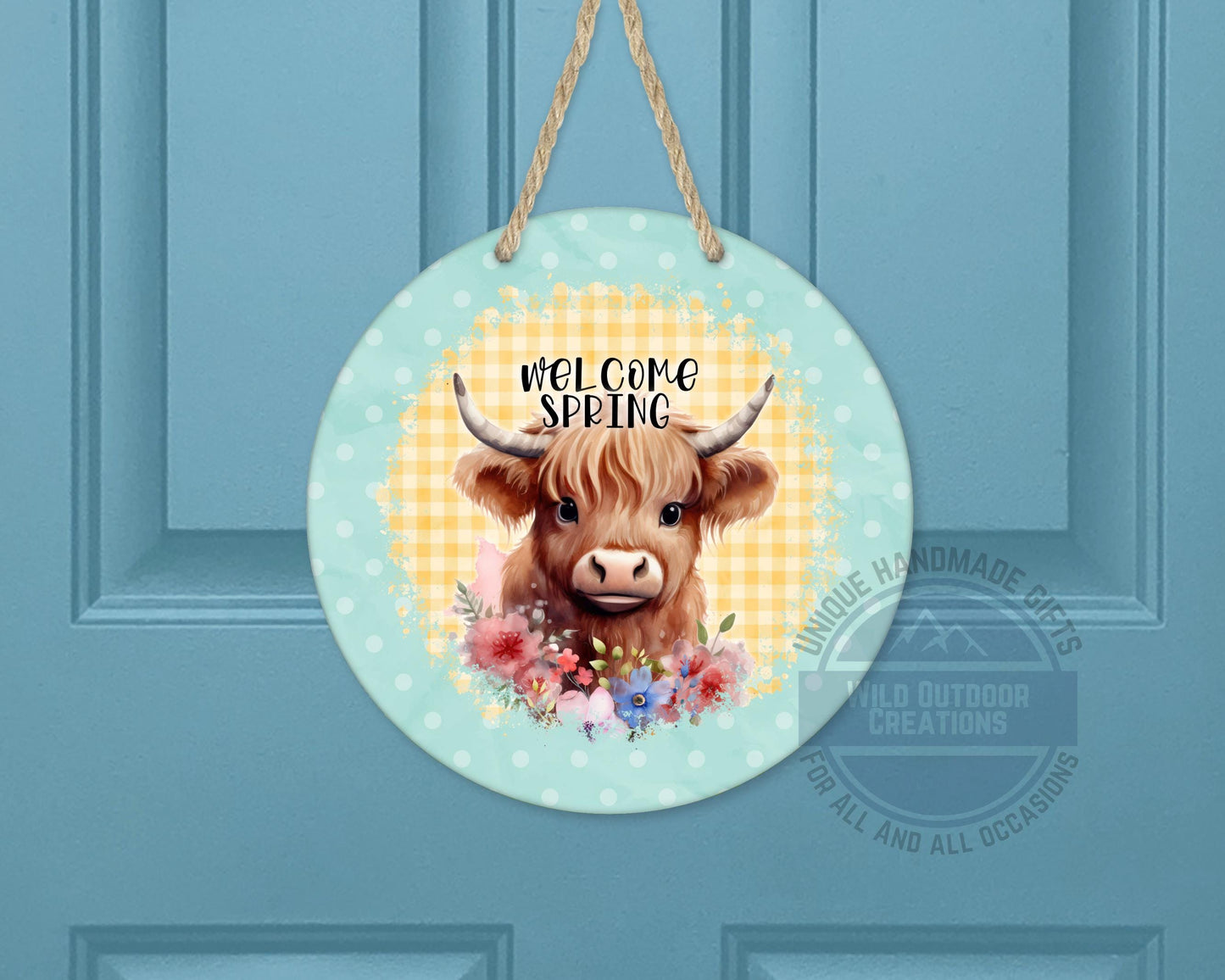 Welcome Spring Sign - Highland Cow Decor | Round Aluminum Front Porch Sign