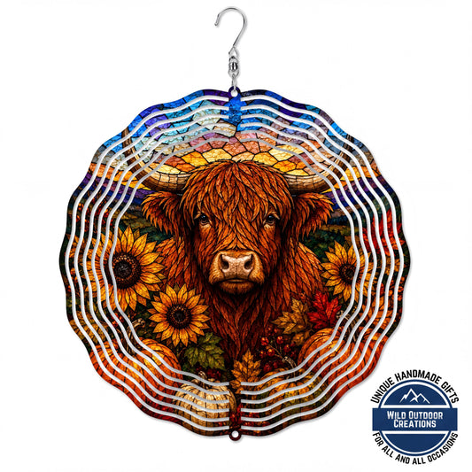 Highland Cow Faux Stained Glass Wind Spinner Fall Sunflower Garden Decor