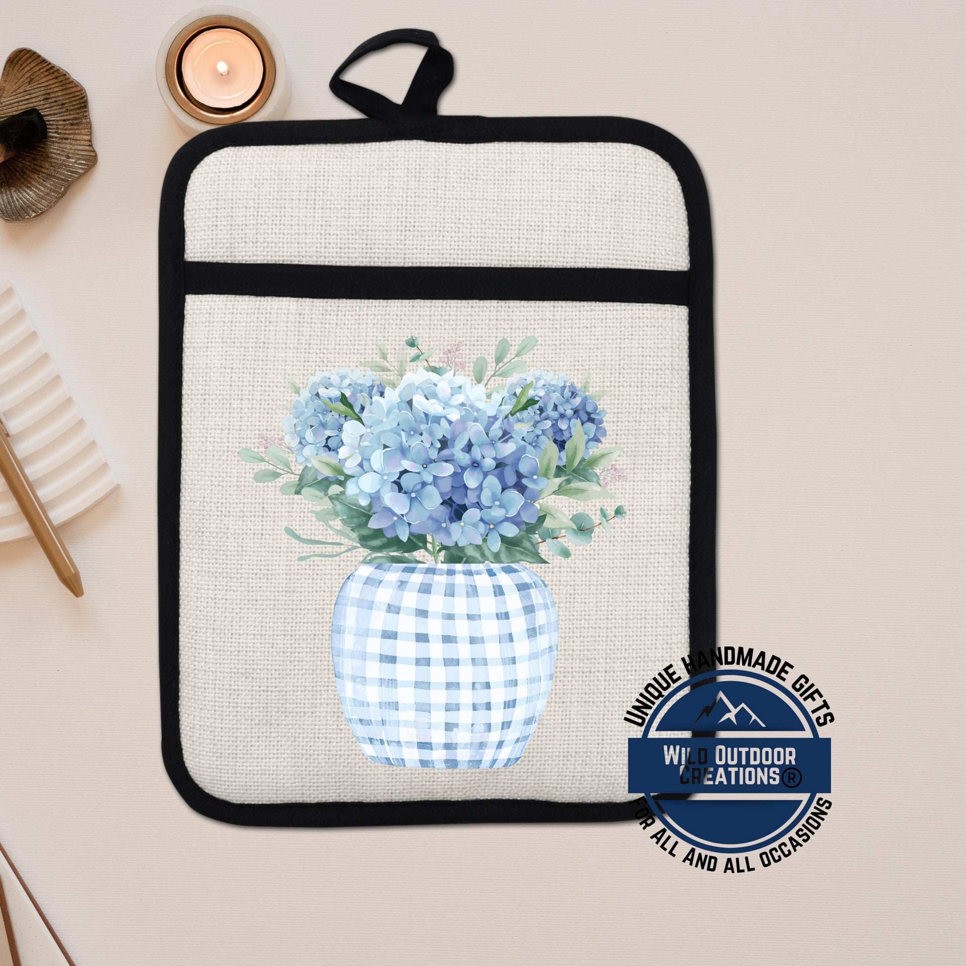 Blue Hydrangea Pot Holder – Floral Kitchen Accessory with Non Slip Silicone Back - detail view