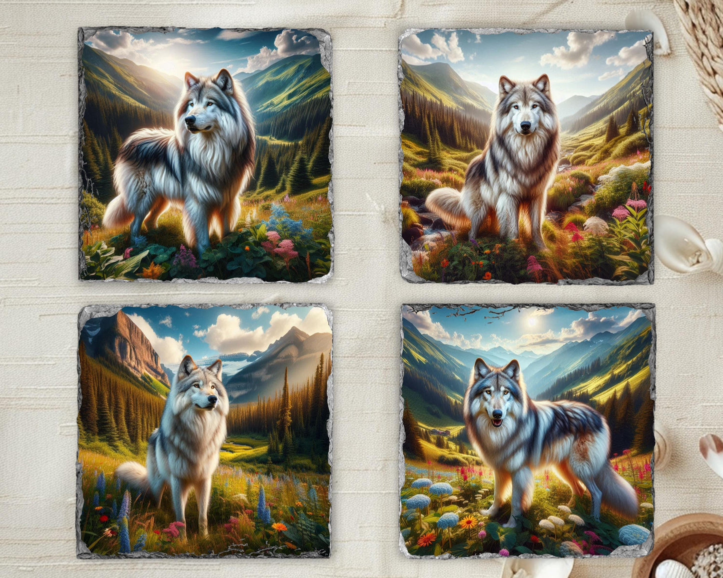 Artistic Wolf Mountain Slate Coaster Set  Ideal Gift for Wildlife Lovers and Housewarmings