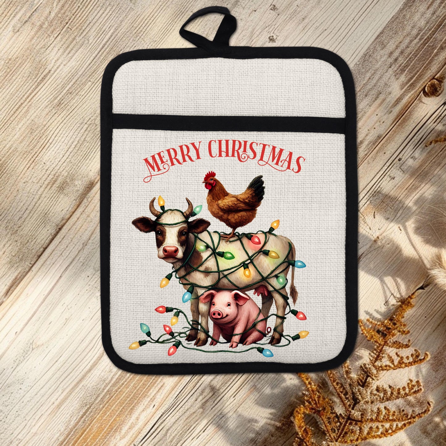 Funny Farm Animal Christmas Pot Holder - Cow Pig  Chicken Design Rustic Linen Hot Pad for Festive Kitchen Decor