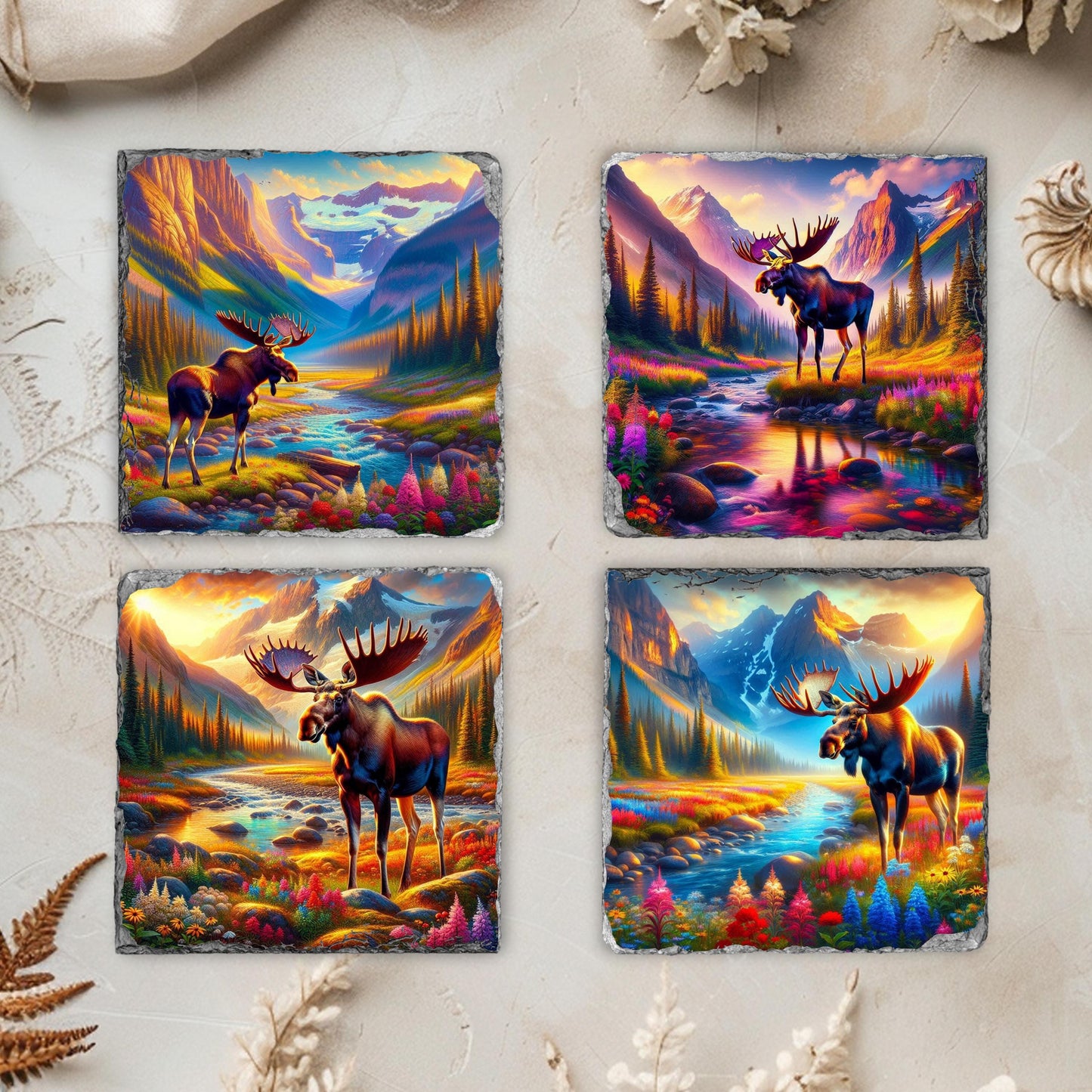 Vibrant Moose Slate Coaster Set with Wildflowers  Black Rack - Nature-Inspired Gift