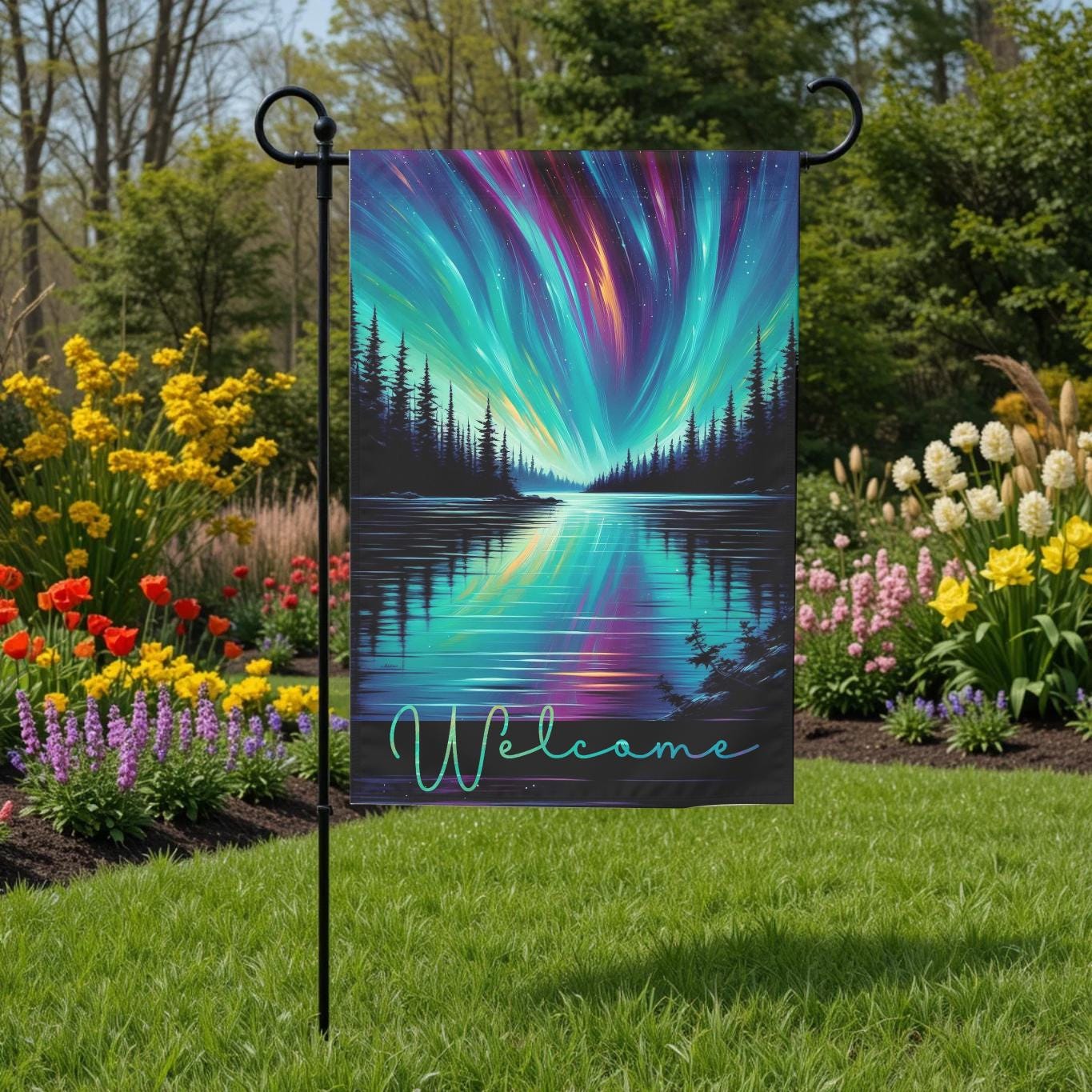 Northern Lights Garden Flag - Aurora Borealis Lake Reflection Outdoor Yard Decor - displayed on front door