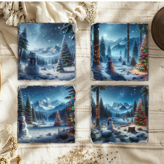 Slate Coaster Set with Festive Snowman  Mountain Scene - 4 Sublimation Coasters and Black Storage Rack for Winter Decor Gift