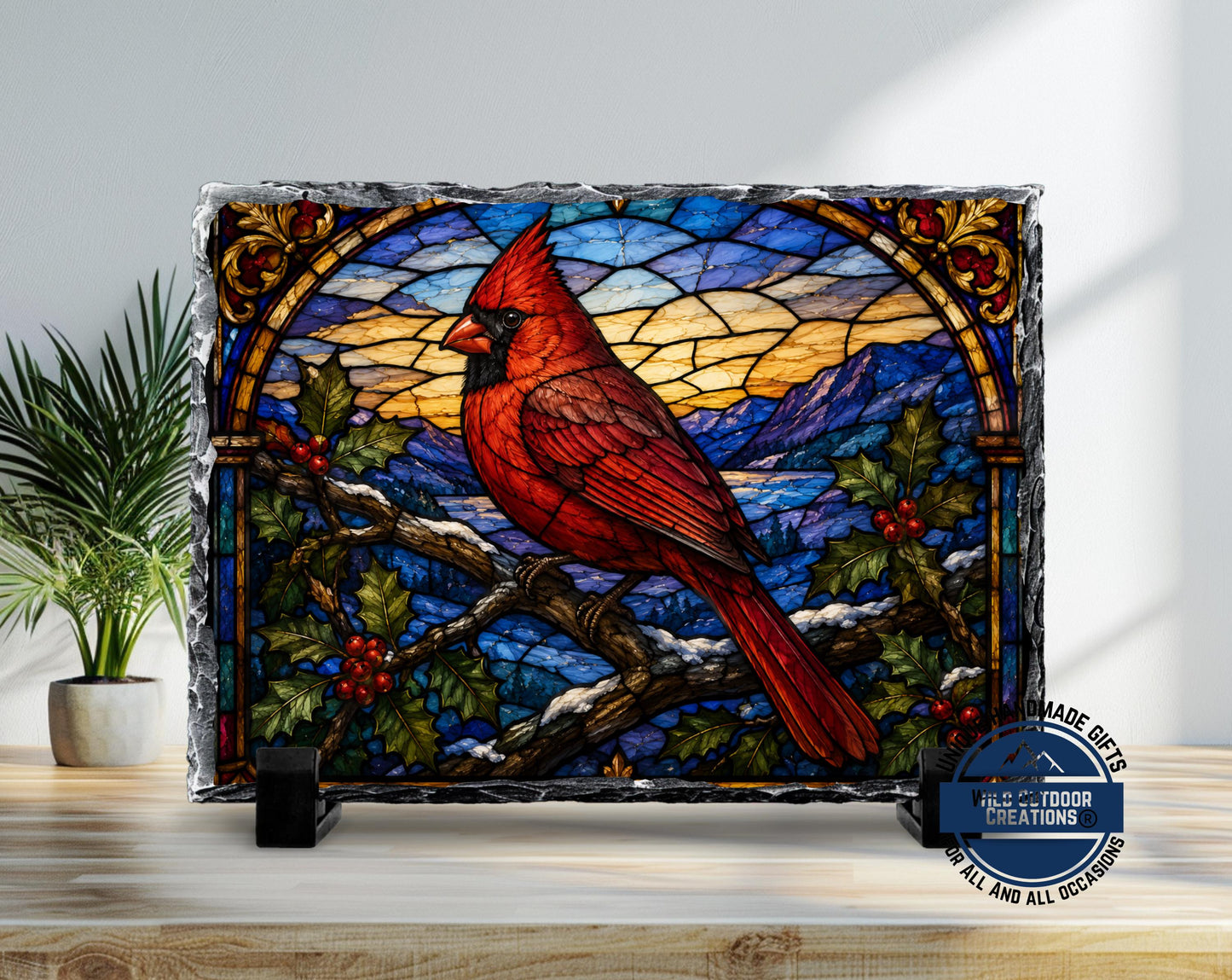 Red Cardinal Faux Stained Glass Slate Plaque, Memorial Bird Decor, Christmas Sympathy Gift