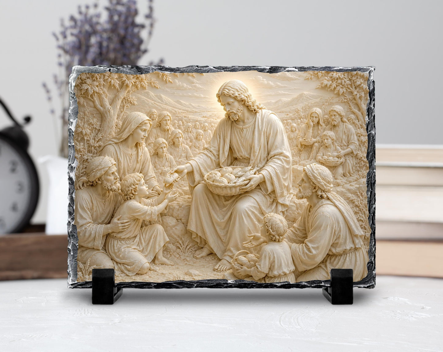 Jesus Feeding the 5000 Slate Plaque, Loaves Fishes Miracle Religious Decor, Christian Gift