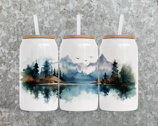 Unique 16 oz Stainless Steel Soda Can, Mountain Landscape Watercolor Design