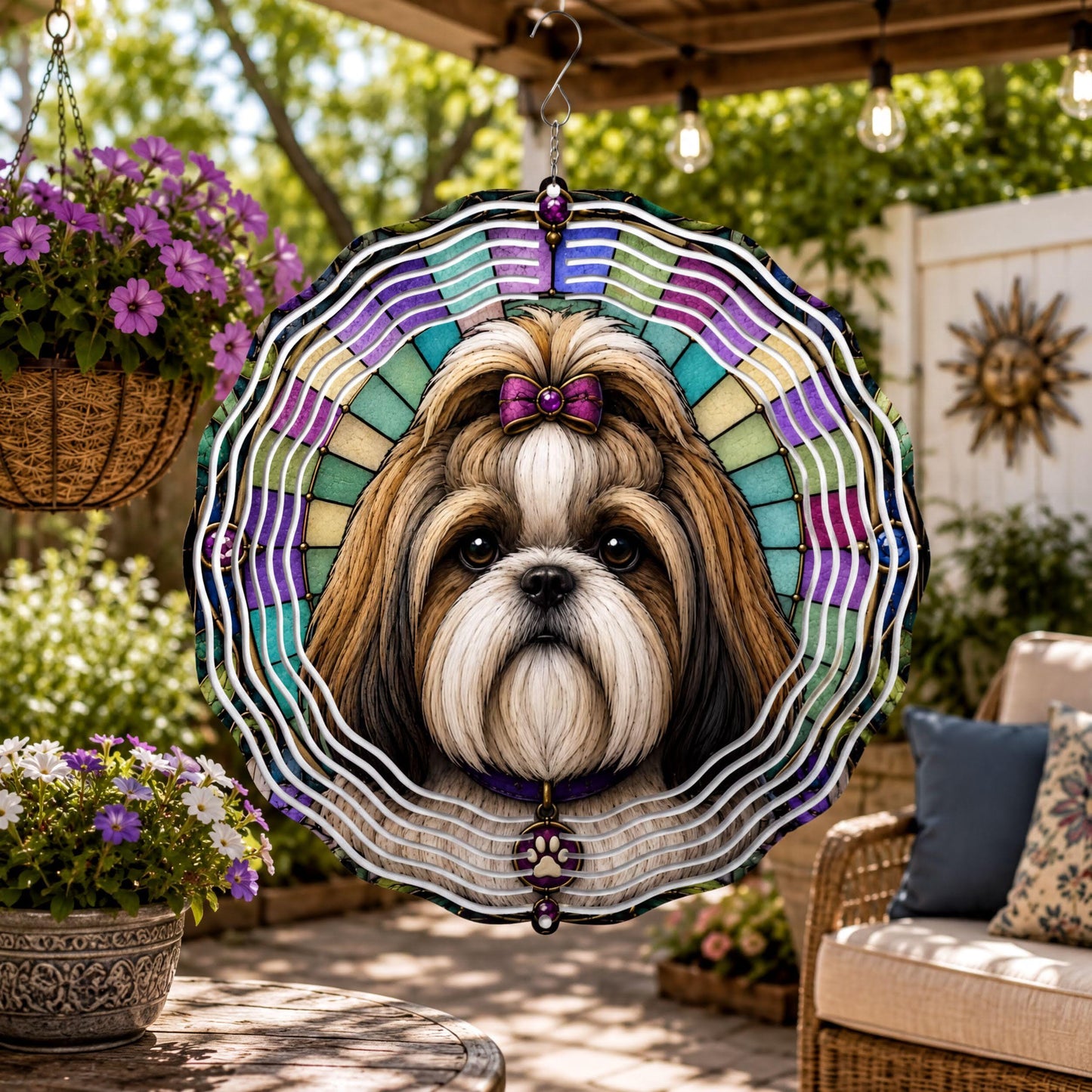 Shih Tzu Wind Spinner Faux Stained Glass Dog Garden Decor Aluminum Hanging Gift