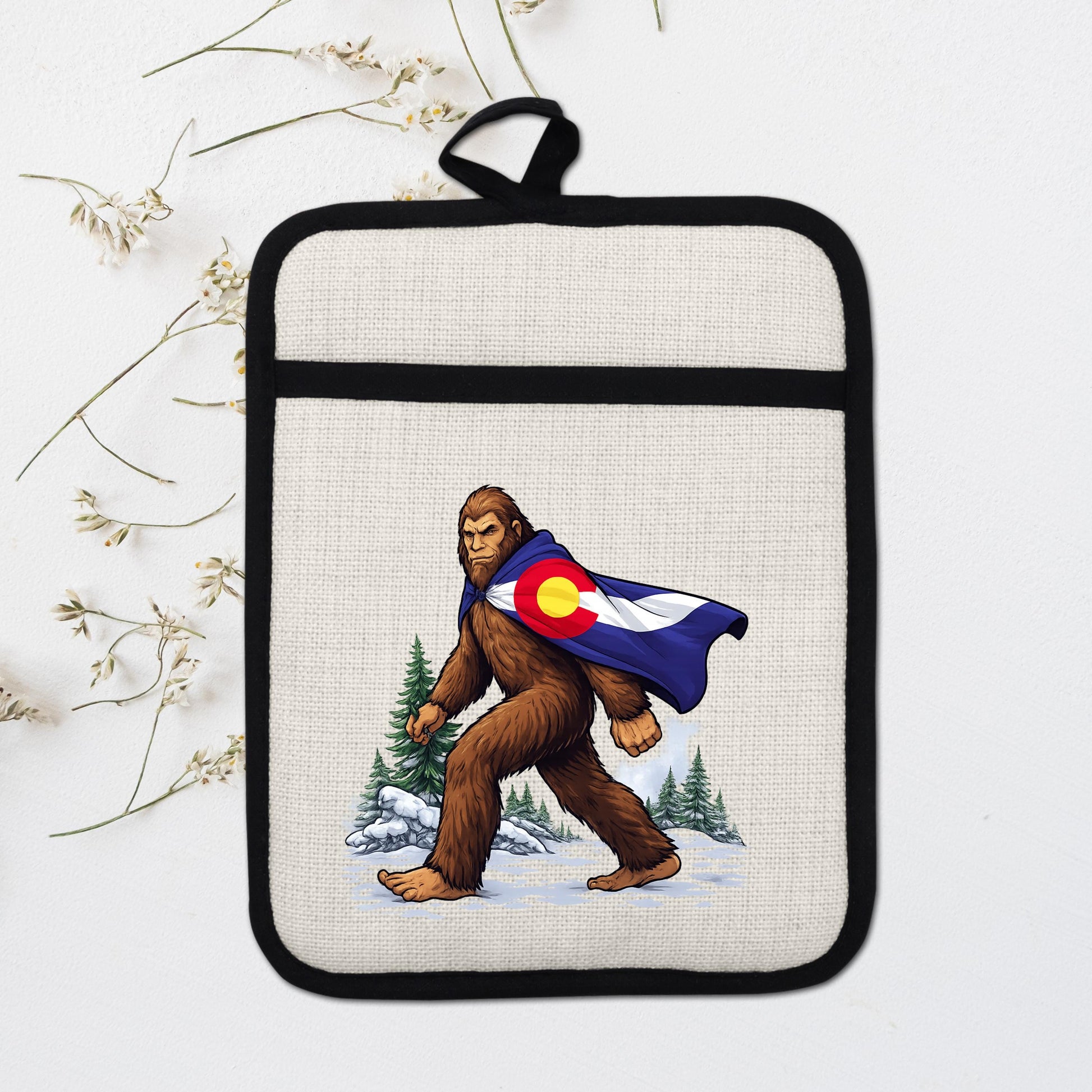 Sasquatch Pot Holder | Colorado Kitchen Decor - Bigfoot Oven Mitt & Heat Resistant Trivet - additional angle