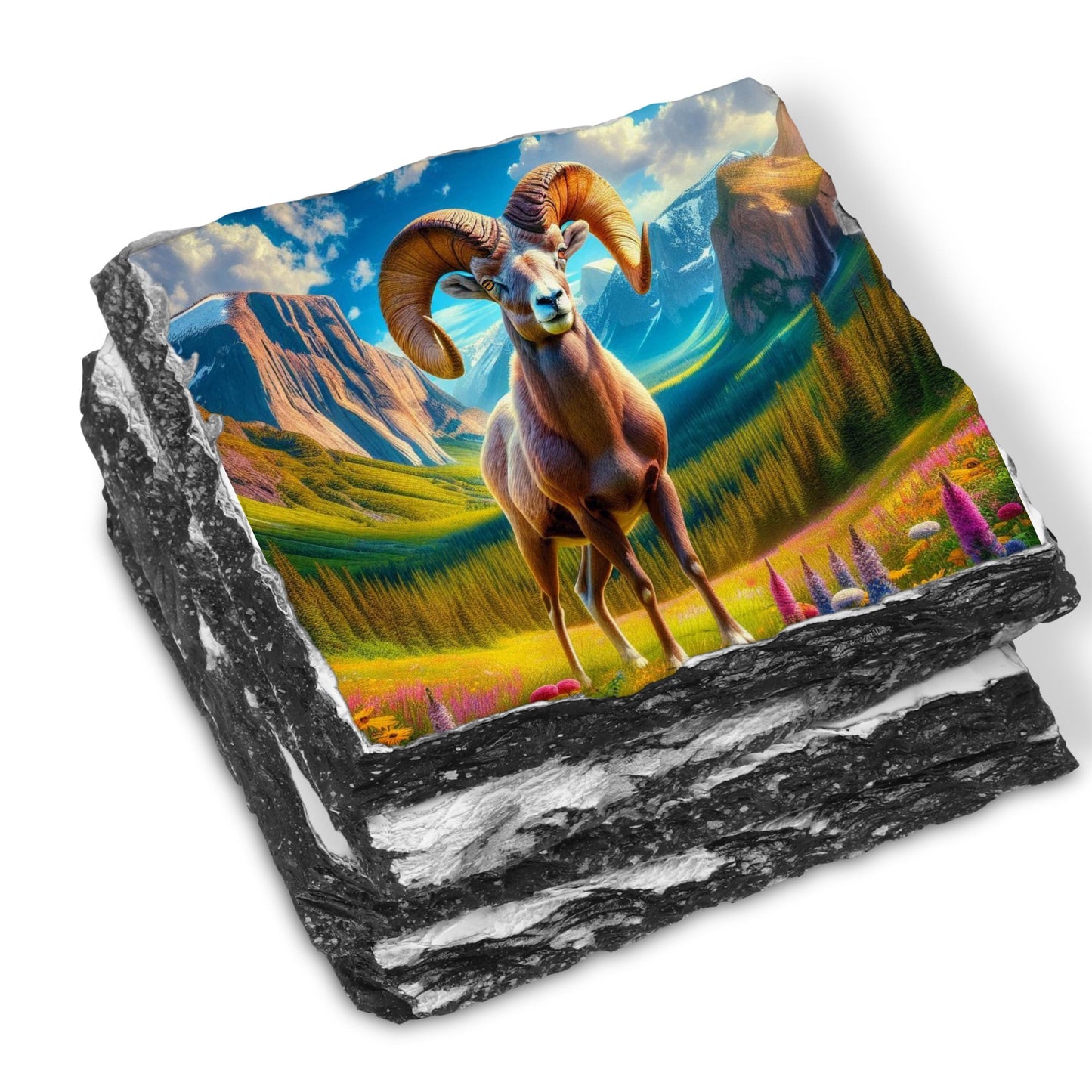 Slate Coaster Set Featuring Big Horn Sheep Mountain Valley and Wildflowers with Black Rack - Ideal Nature Gift