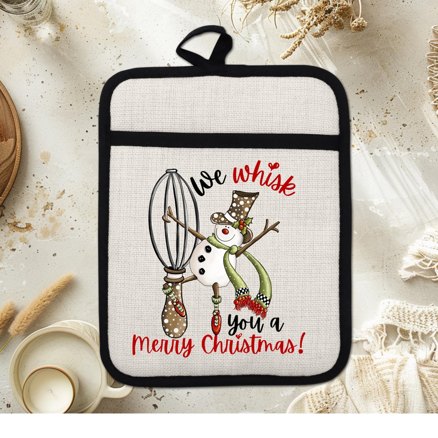 Funny Snowman Pot Holder with We Whisk You a Merry Christmas Quote - Linen Hot Pad for Holiday Kitchen Gift