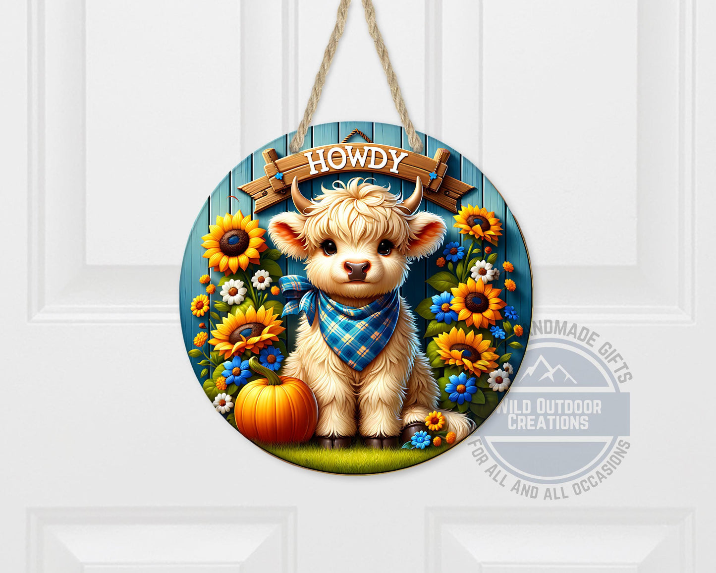 Farmhouse Door Hanger - Aluminum Round Sign with Highland Cow Decor, Blue Plaid