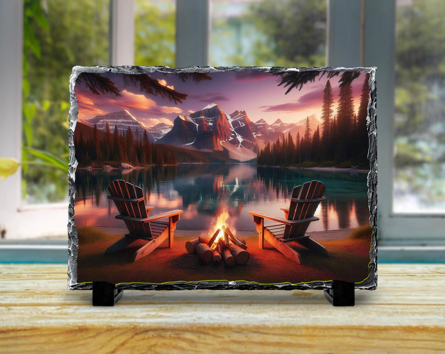 Campfire Slate Plaque – Rustic Stone Decor | Mountain Lake Art & Cozy Cabin Gift