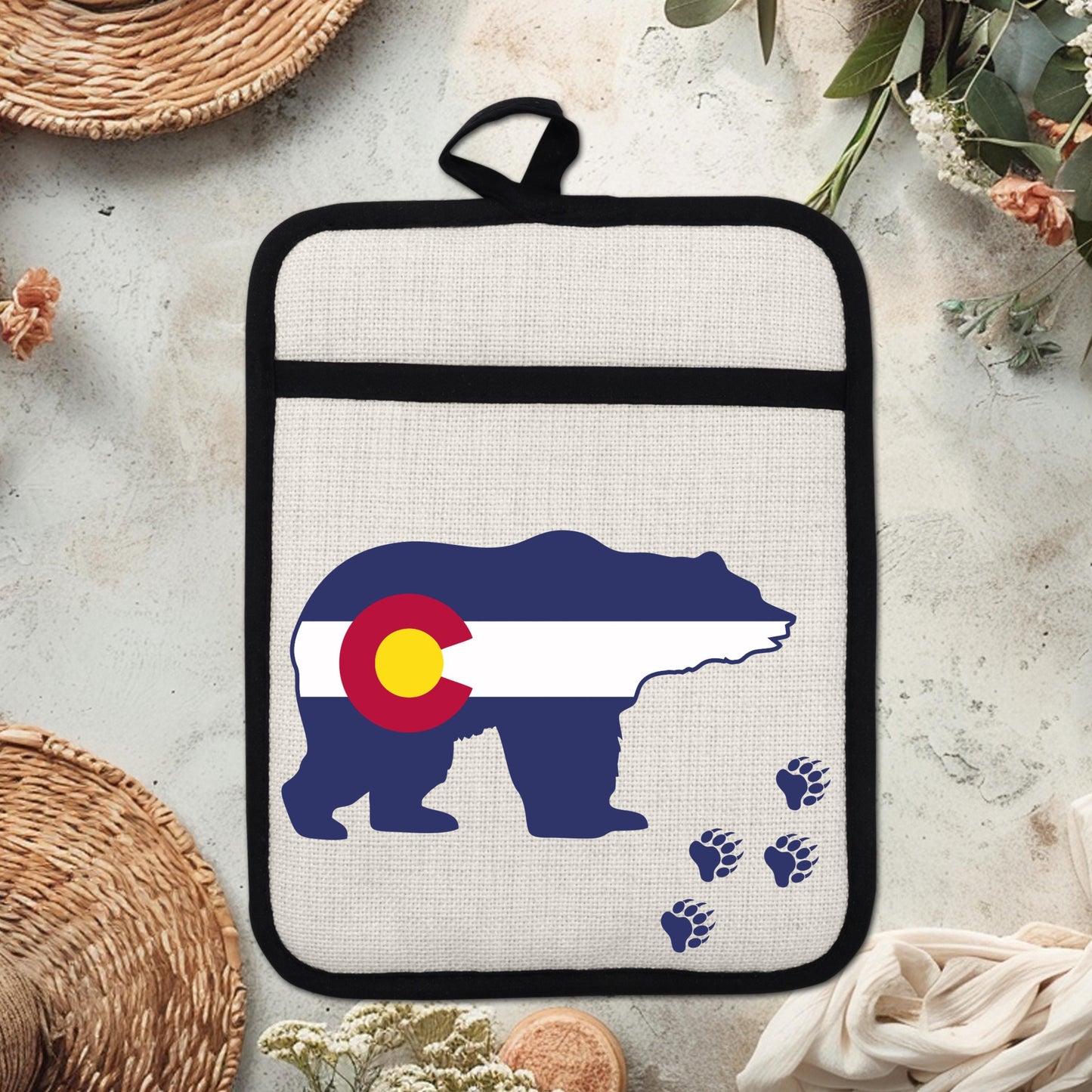 Pot Holder Oven Mitt - Colorado Bear Design | Silicone Pot Holder, Linen Fabric