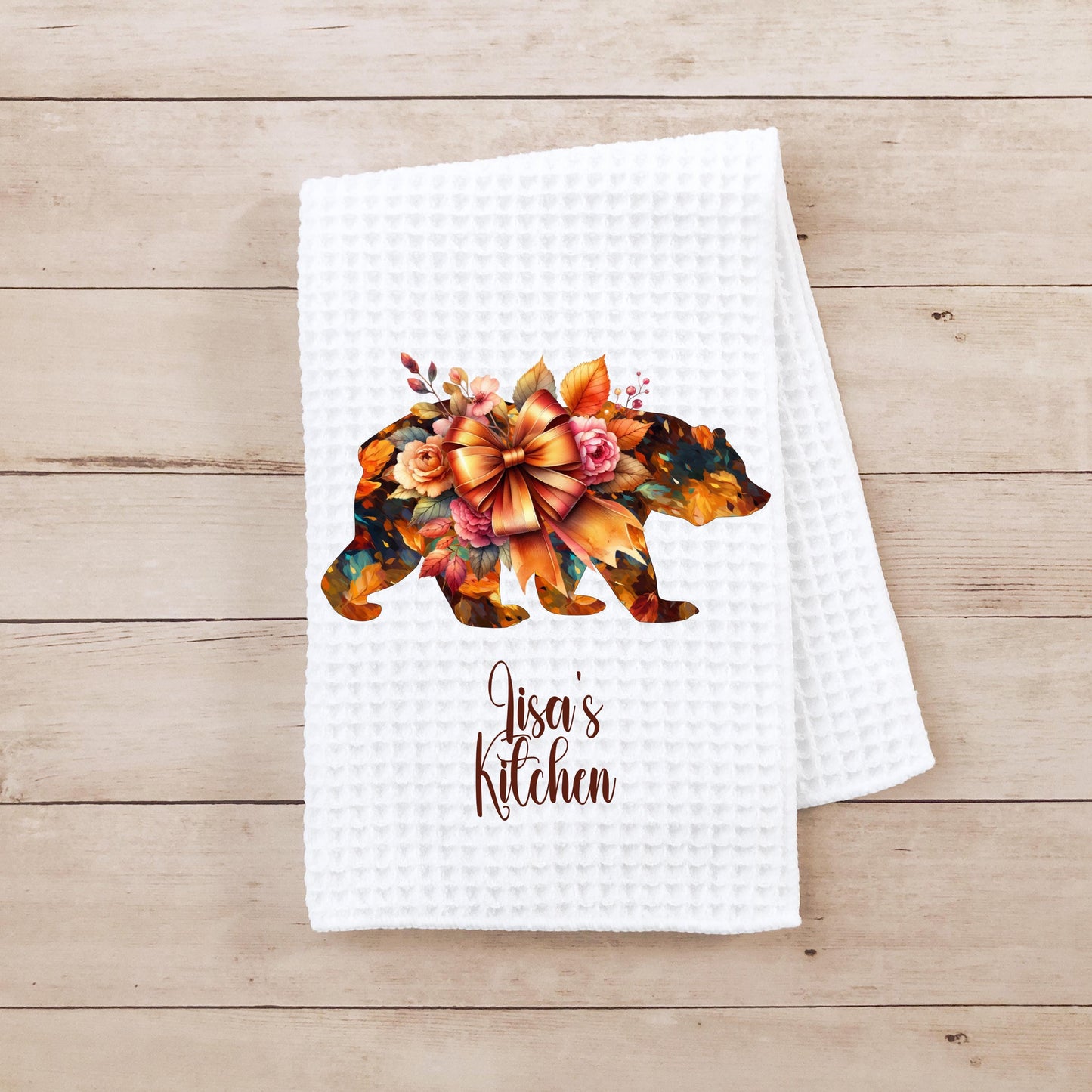Personalized Autumn Bear Kitchen Towel - Waffle Weave Fall Decor