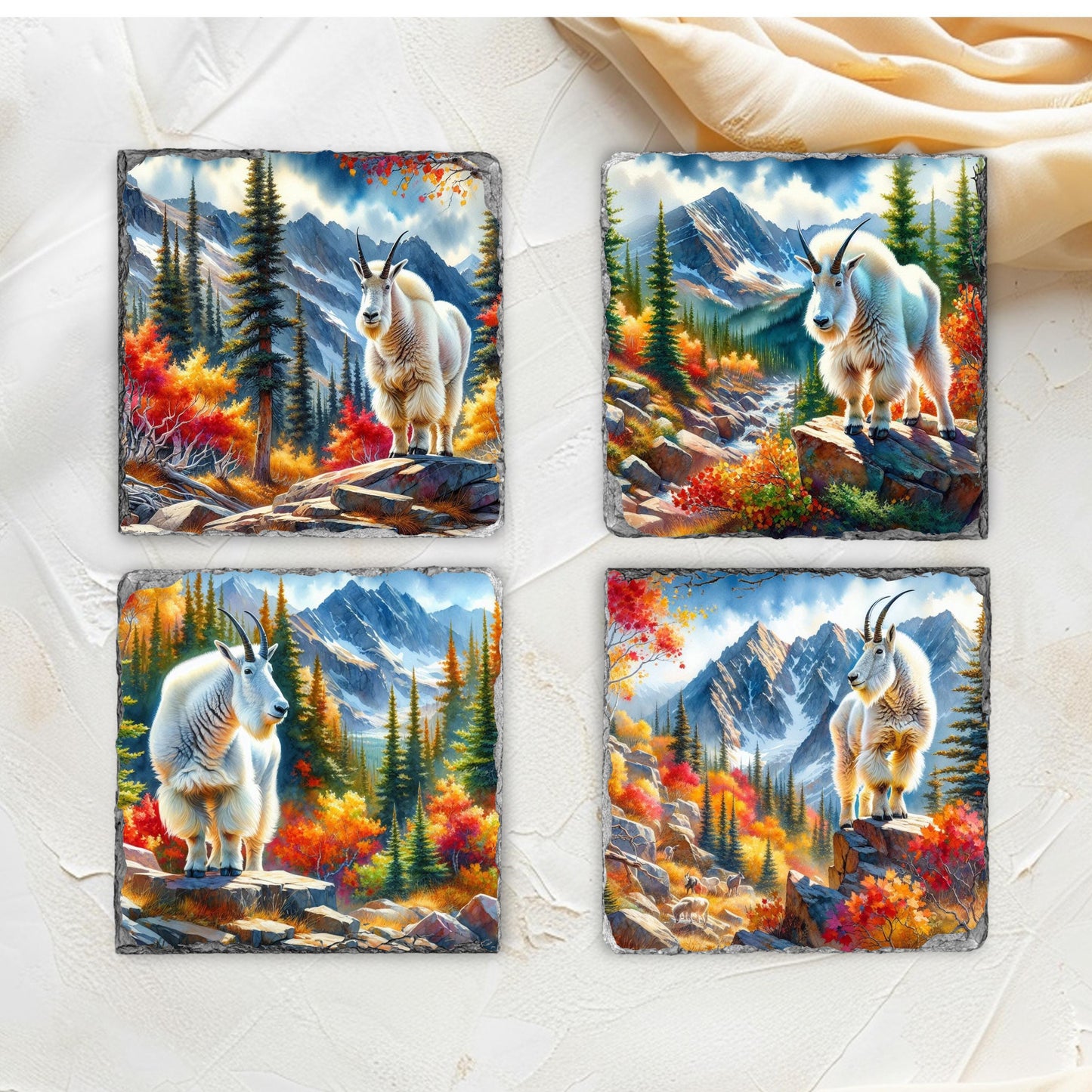 Handcrafted Slate Coaster Set with Fall Mountain Goat Designs - Perfect Gift for Nature Lovers
