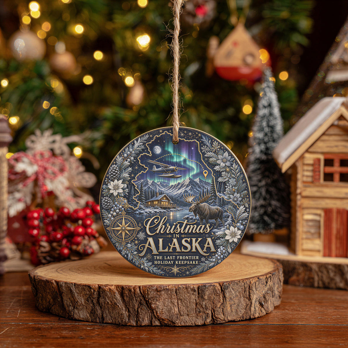 Alaska Ornament - Northern Lights Moose Cabin, 3 Inch Ceramic Tree