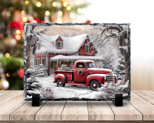 Winter Farm Scene Slate with Red Truck and Wreath - Festive Christmas Decor Gift for Home