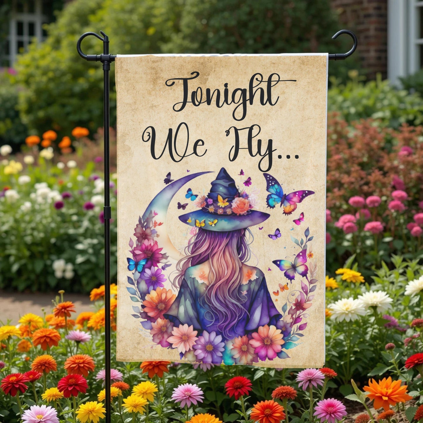Witch Garden Flag – Floral Butterfly Moon | Boho Halloween Yard Decor 12x18 - size reference