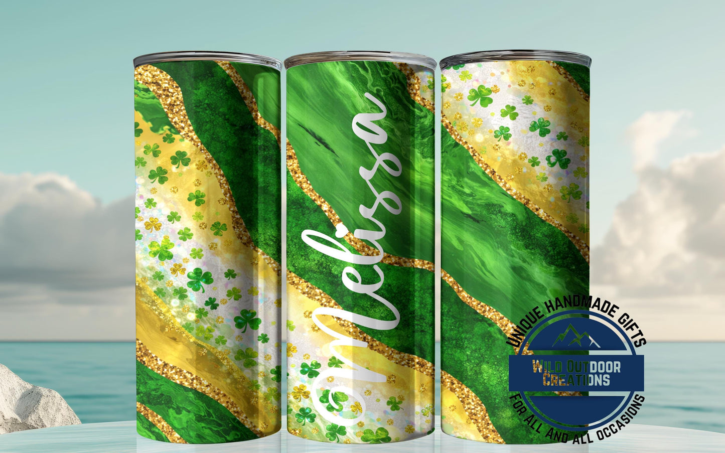 St Patrick's Day Tumbler - Custom Skinny Glow Green Cup With Name & Reusable Straw - detail view of print design