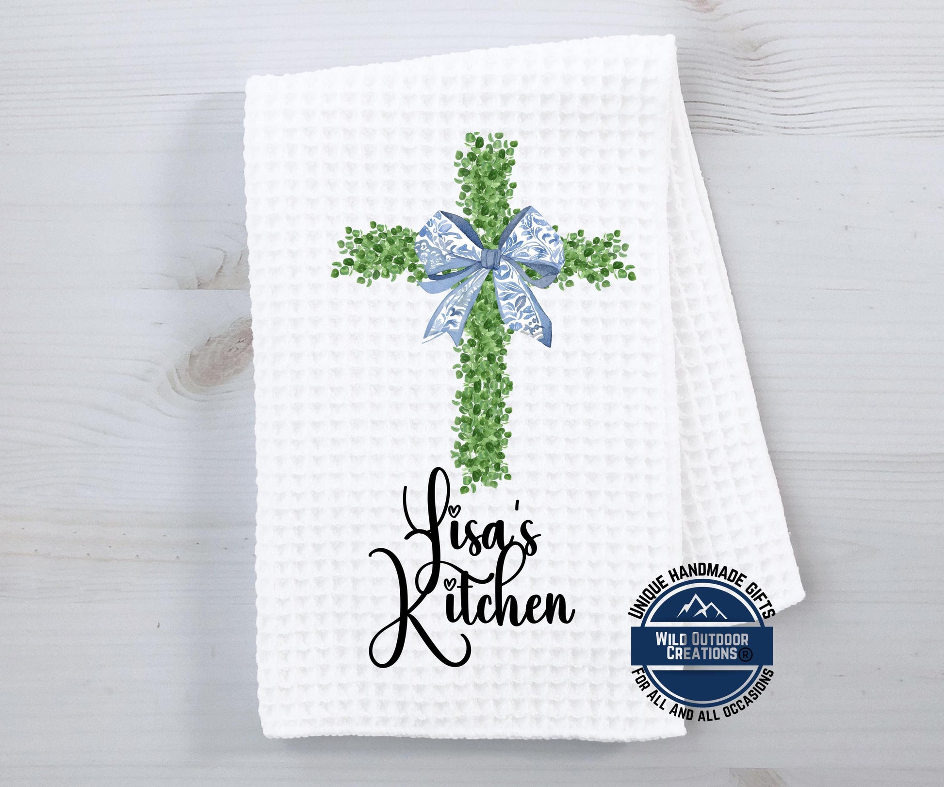 Personalized Kitchen Towel - Custom Name Cross Waffle Weave Easter Gift - gift presentation view