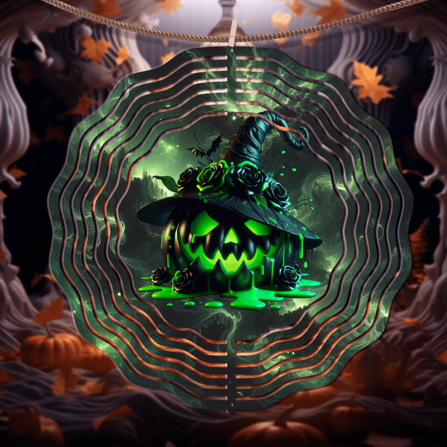 Jack-O-Lantern Wind Spinner - Neon Green UV-Protected Aluminum Garden Decor