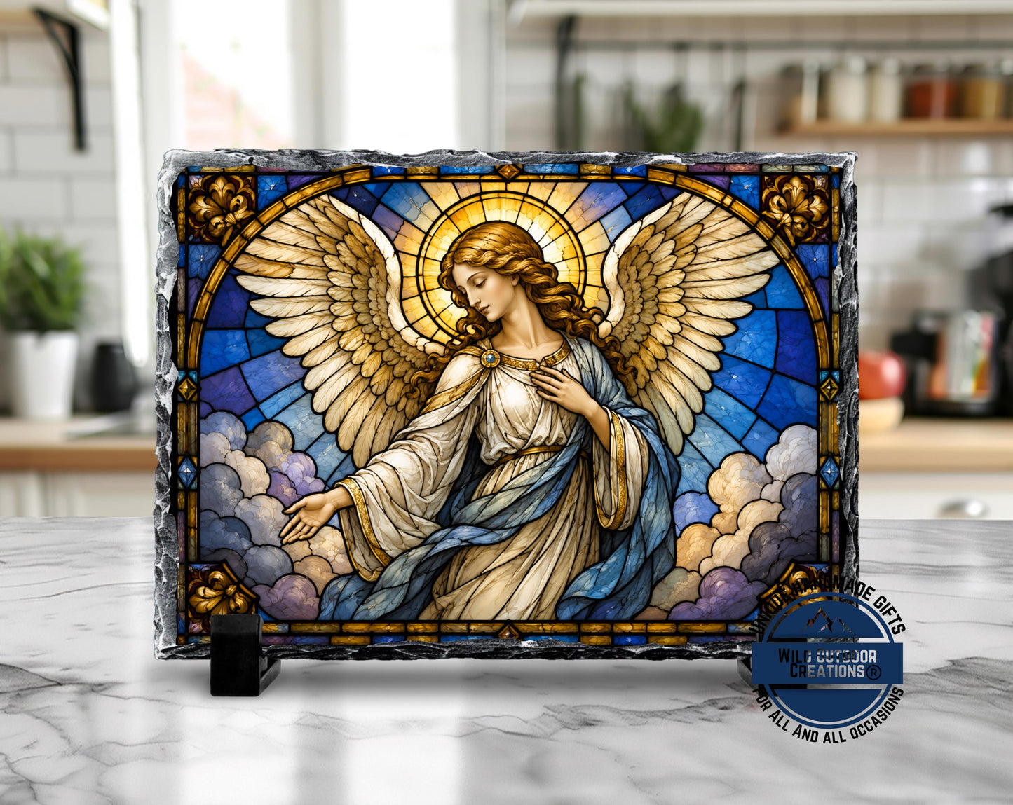 Guardian Angel Faux Stained Glass Slate Plaque, Religious Wall Decor, Christian Sympathy Gift