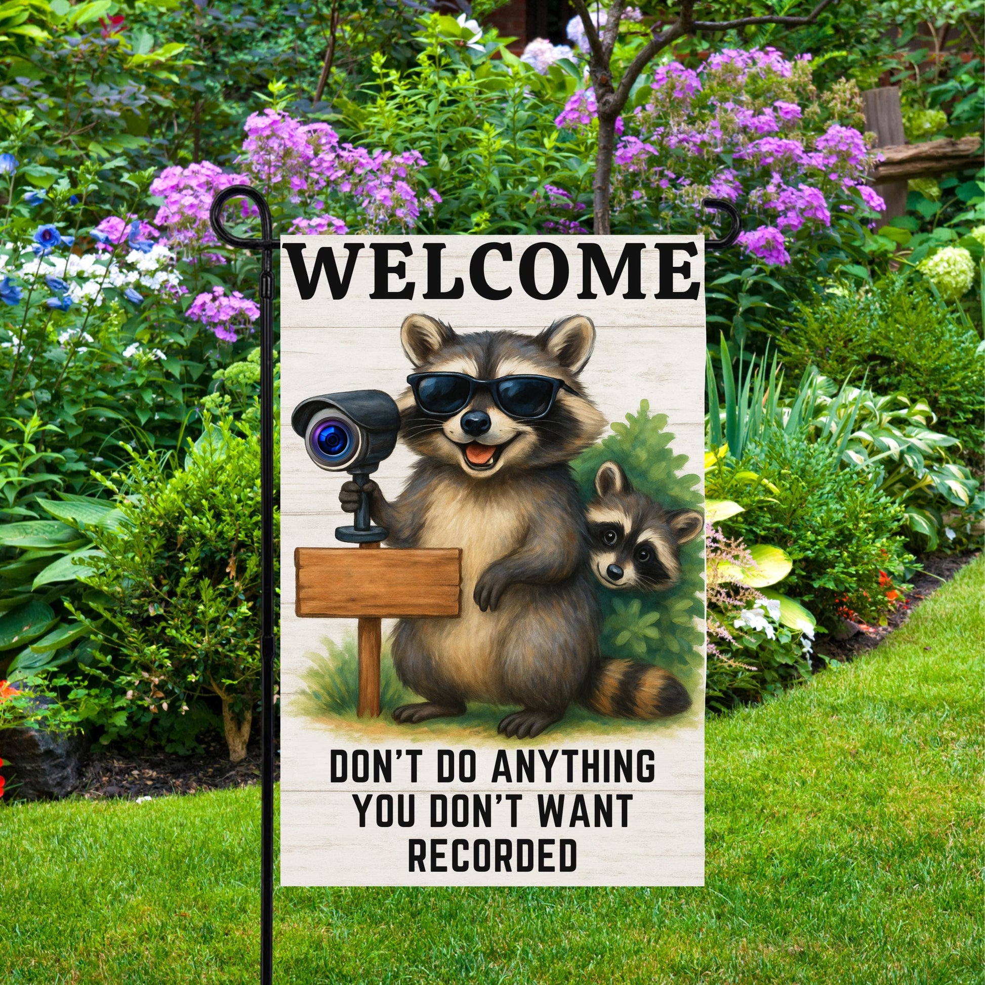 Funny Raccoon Garden Flag – Security Camera Porch Decor | Welcome Yard Banner - scale and size reference
