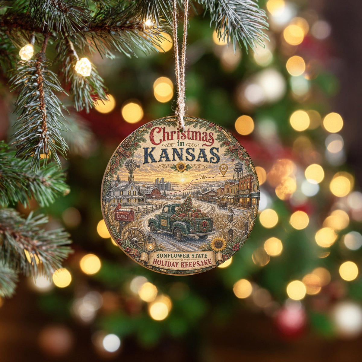 Kansas Christmas Ornament | Vintage Green Truck Ceramic Keepsake, 3 Inch