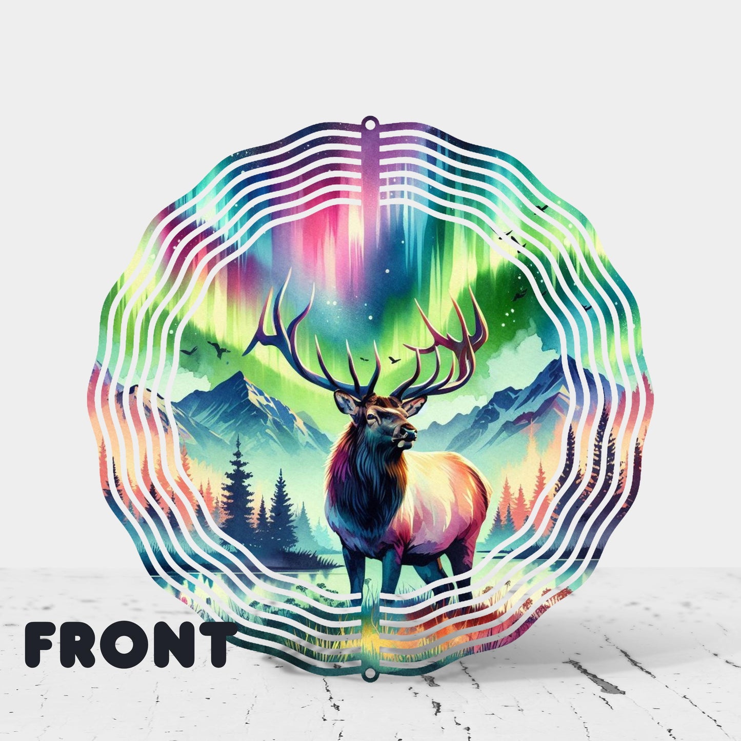 Elk Wind Spinner - 10x10 Double-Sided Outdoor Art with Watercolor Northern Lights Design