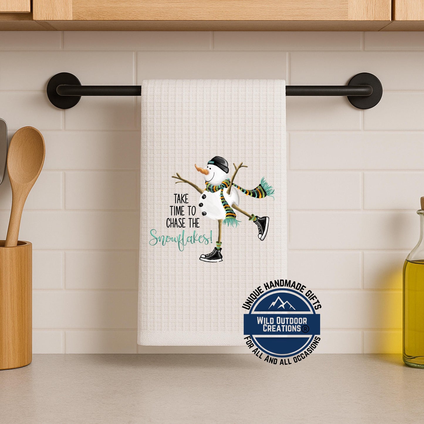 Ice Skating Snowman Kitchen Towel Chase The Snowflakes Winter Waffle Weave Holiday Decor