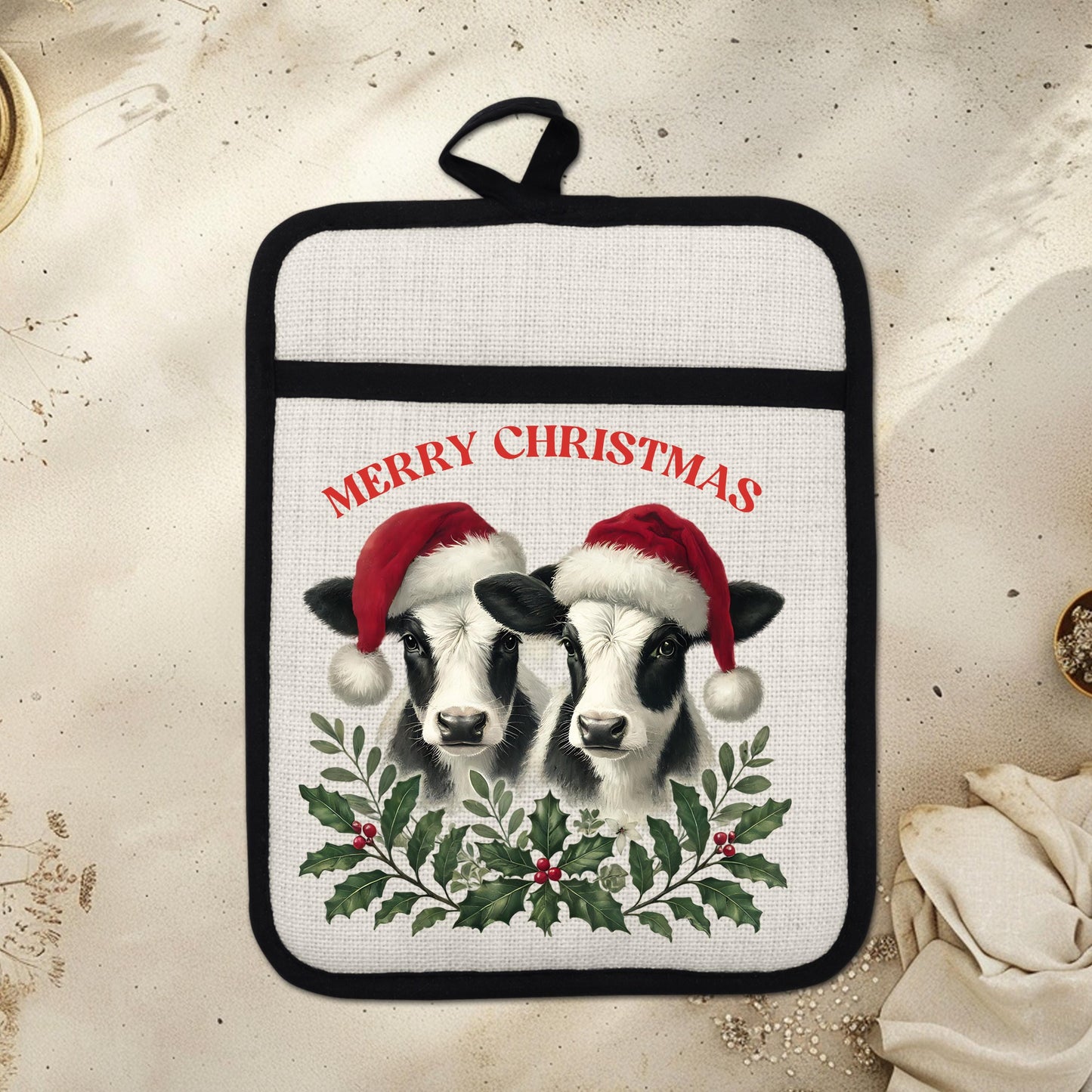 Christmas Cow Pot Holder with Santa Hats - Rustic Black  White Farmhouse Kitchen Decor
