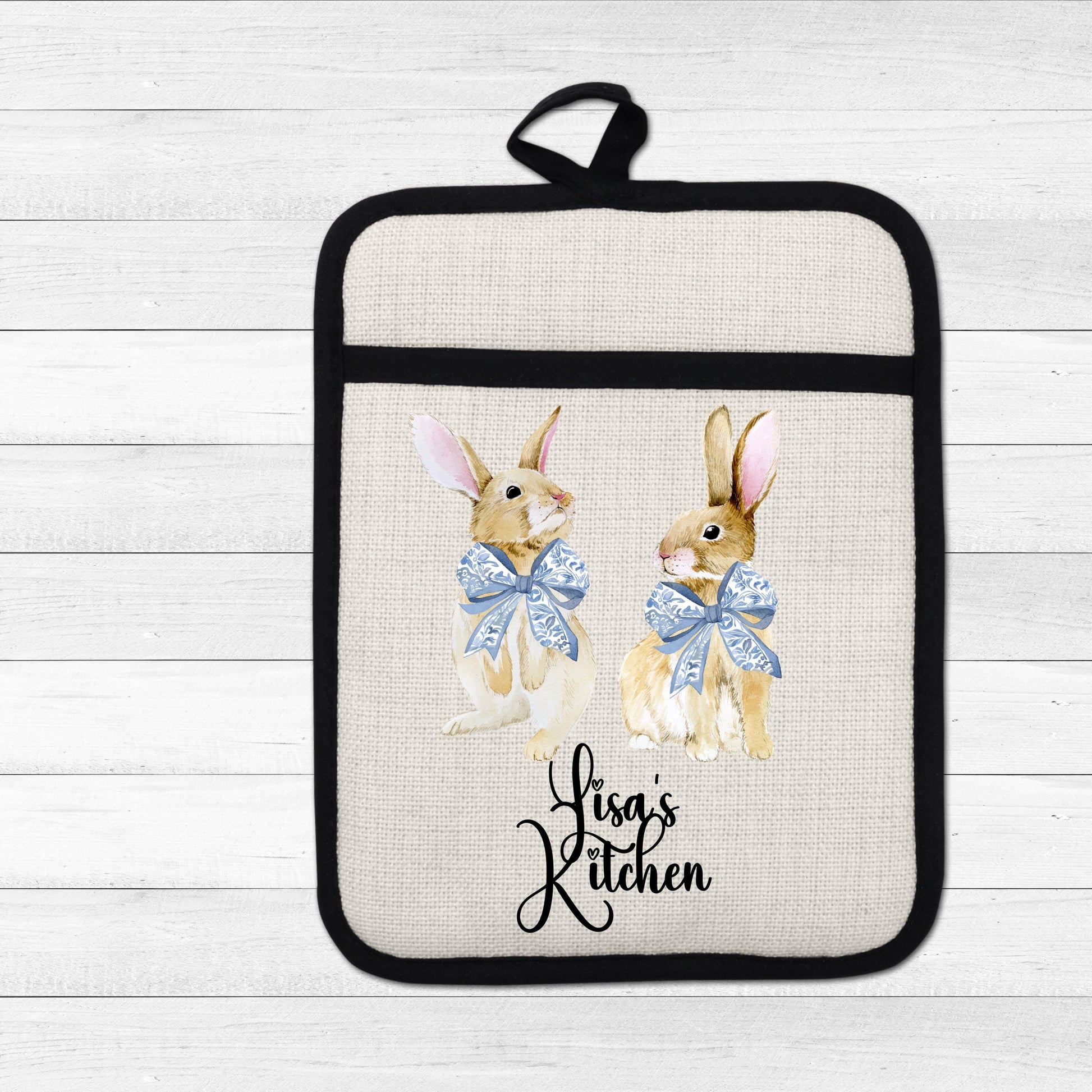 Personalized Easter Pot Holder - Custom Bunny Kitchen Gift with Chinoiserie Blue Design - gift presentation view
