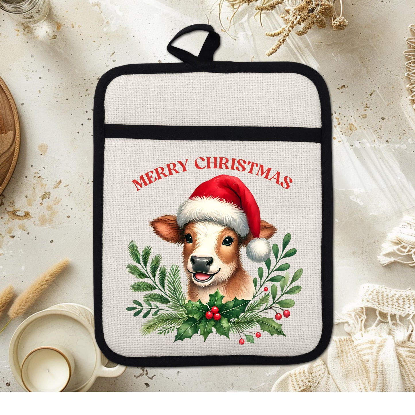 Christmas Cow Pot Holder with Santa Hat  Rustic Brown  White Farmhouse Kitchen Decor