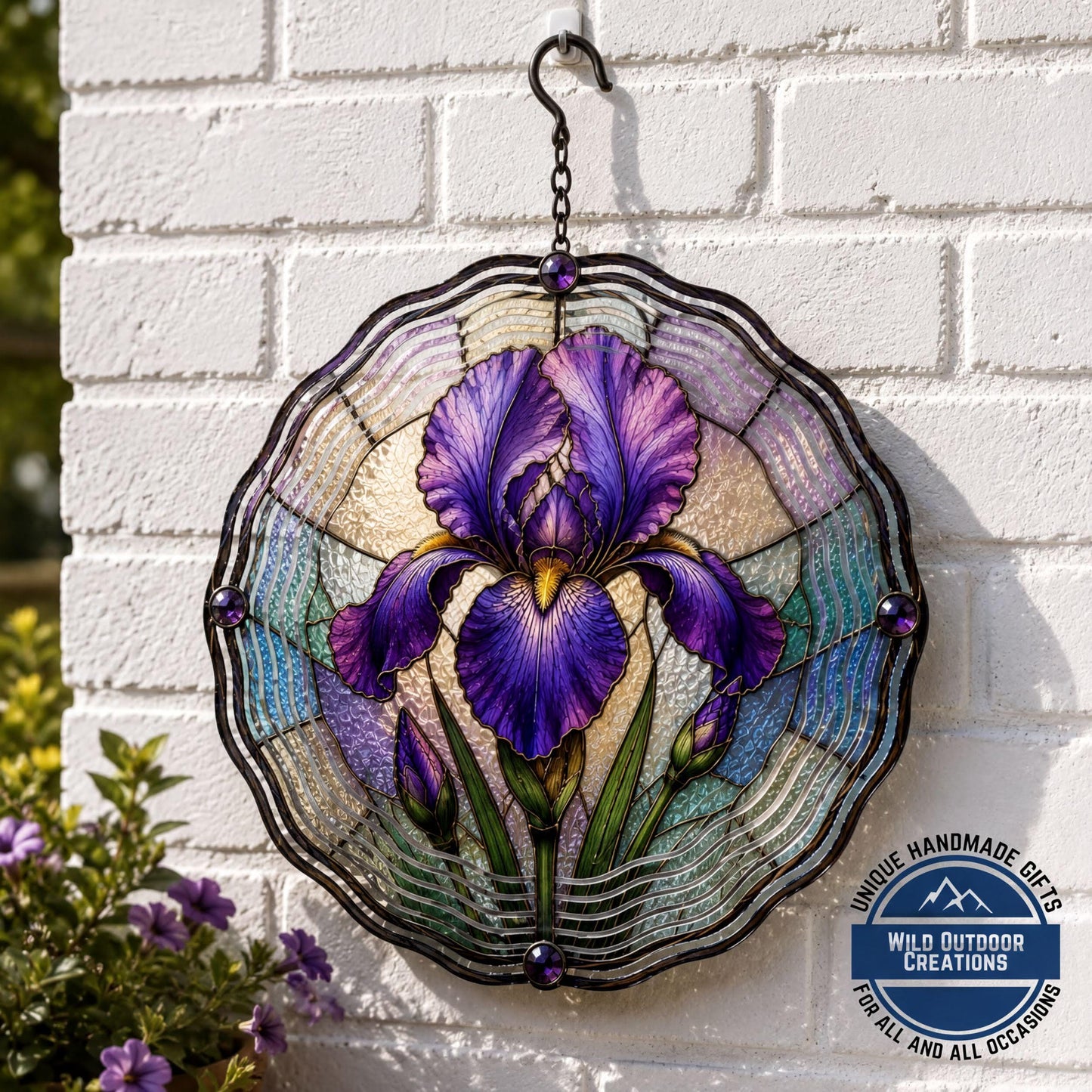 February Birth Flower Iris Wind Spinner 10 Inch Faux Stained Glass Metal Garden Decor