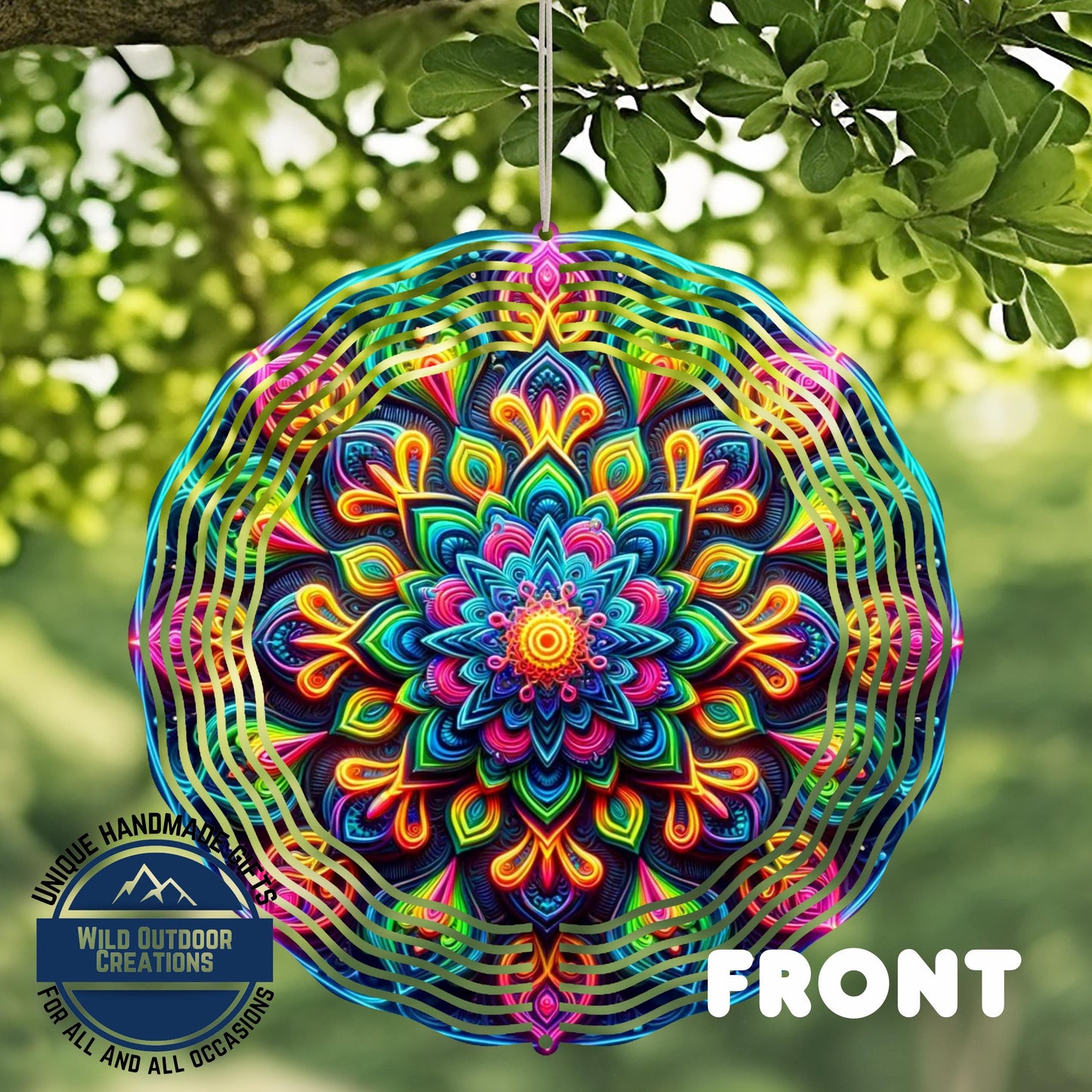 Neon Mandala Wind Spinner - 10 Inch Aluminum Outdoor Wind Spinner with Vibrant Neon Colors