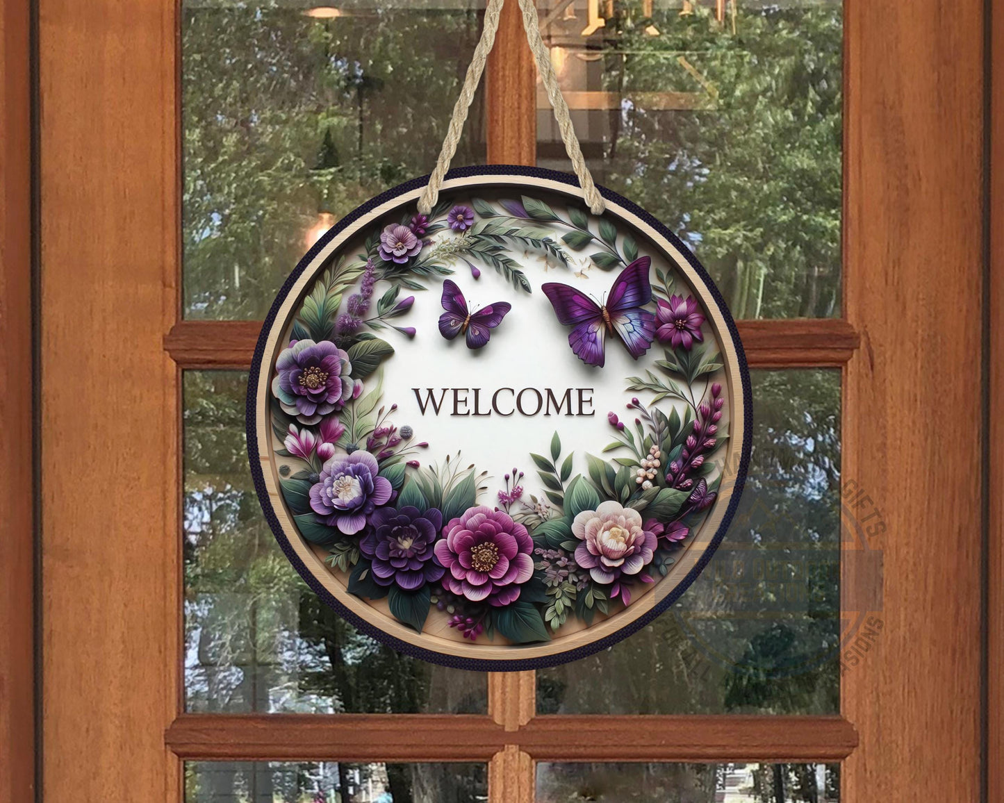 Welcome Door Hanger - Purple Floral Butterfly Porch Sign | Weather Resistant Aluminum